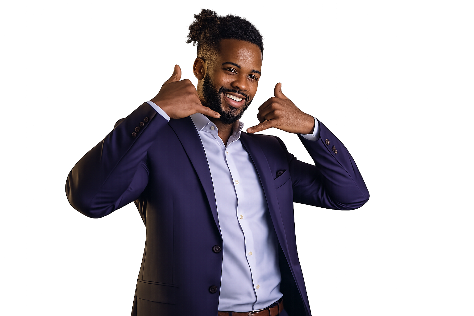 Confident creator in a navy suit, ready to partner with brands.
